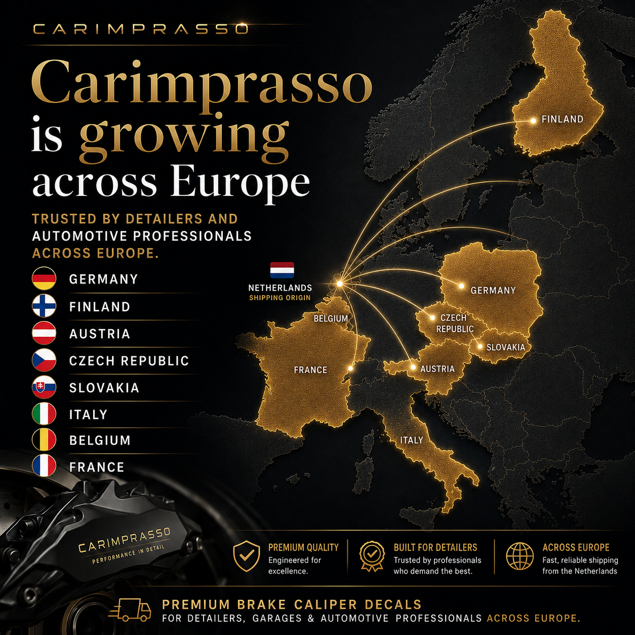 Carimprasso is growing across Europe — brake caliper decals shipped to Germany, Finland, Austria, Czech Republic, Slovakia, Italy, Belgium and France