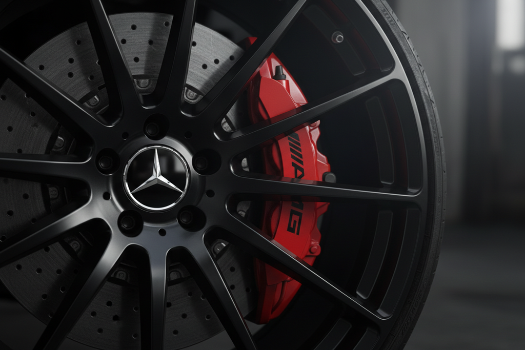 Mercedes AMG rode remklauw zwarte gebogen sticker met Mercedes ster naafkap