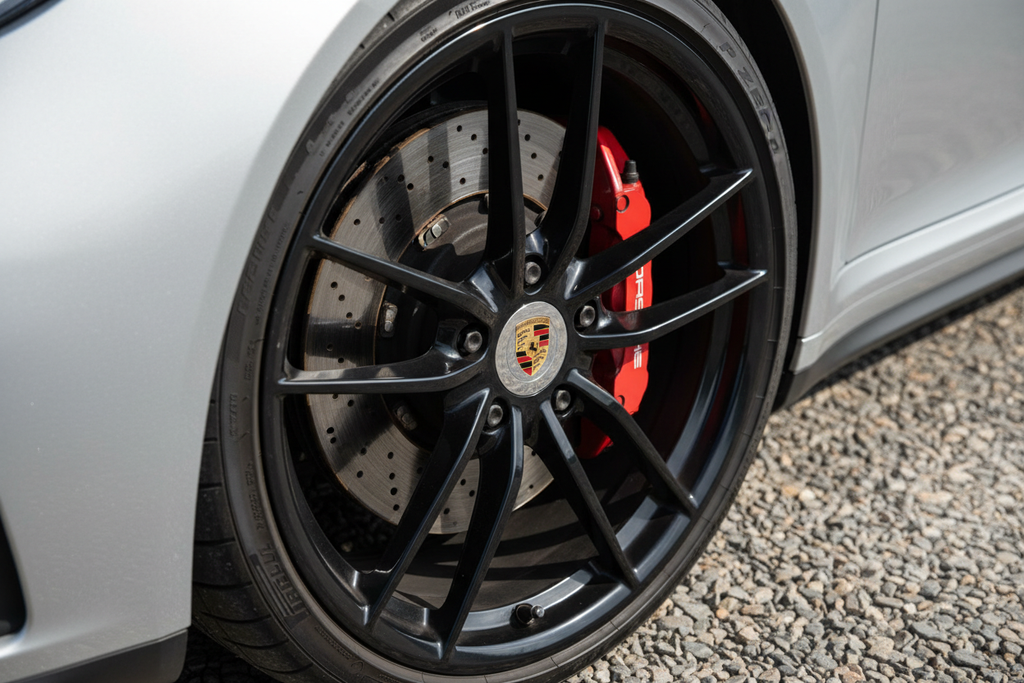 Porsche remklauw met witte sticker en Porsche naafkapje