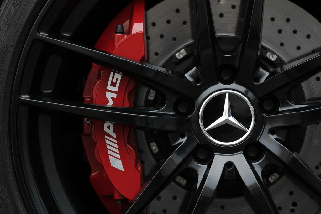 Mercedes AMG rode remklauw zilveren gebogen sticker met Mercedes ster naafkap