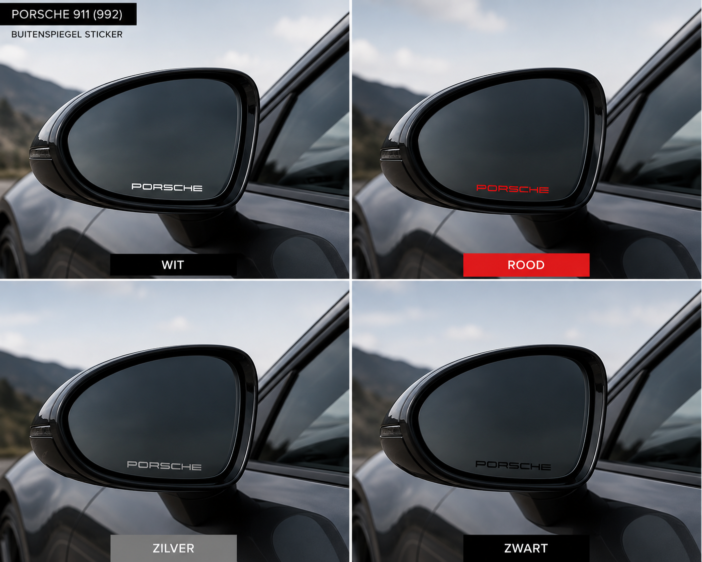 Mirror Detail Sticker Porsche – colour variants White, Black, Red, Silver on 911 (992)