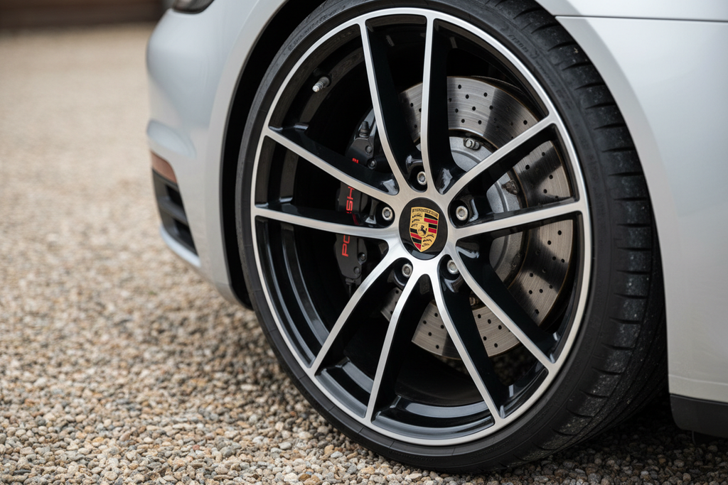 Zwarte remklauw rode PORSCHE tekst mockup